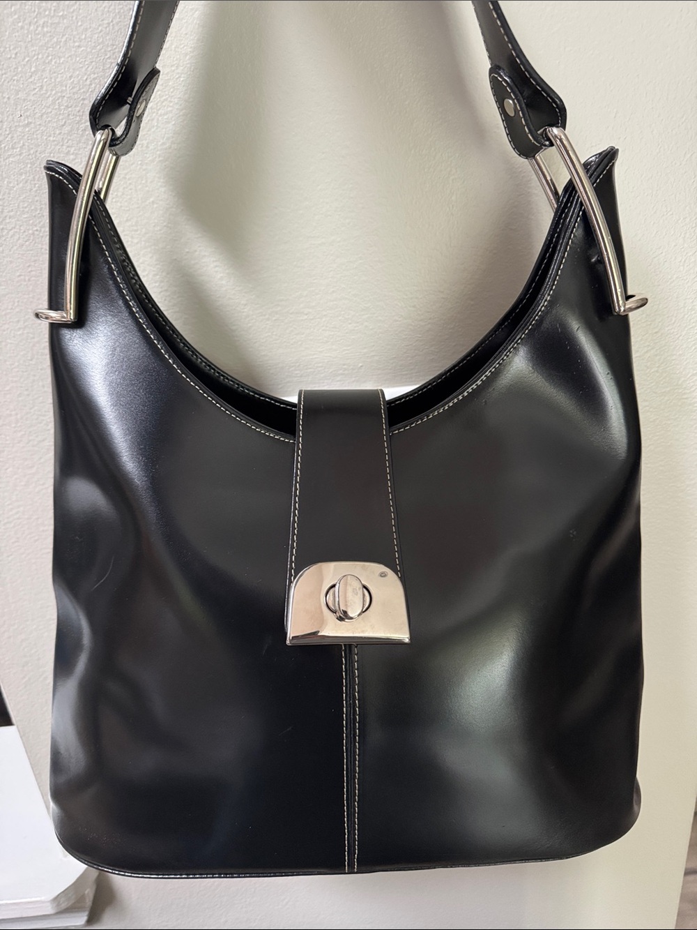 Leather Hobo Shoulder Bag with Silver Hardware from France